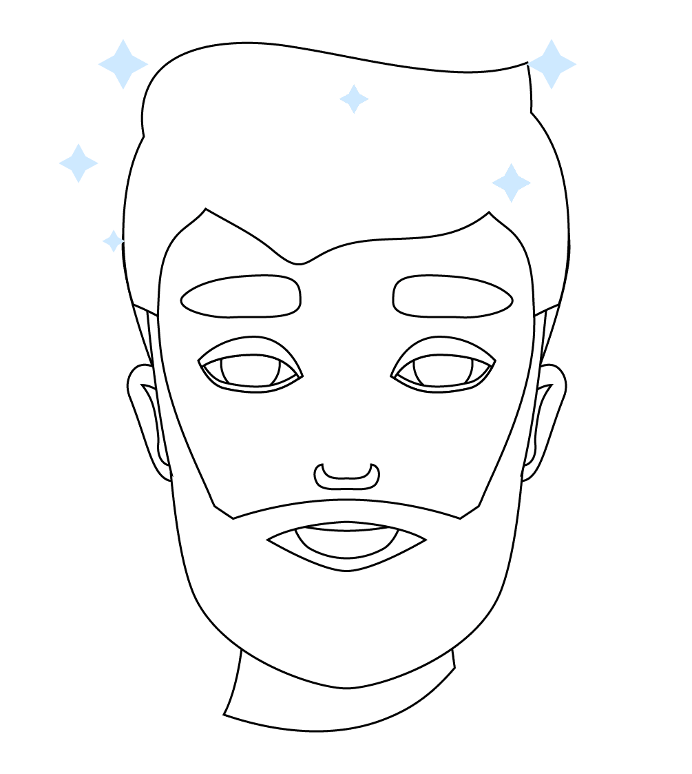 Simple illustration of a person's head with a full head of hair and a neatly trimmed beard.