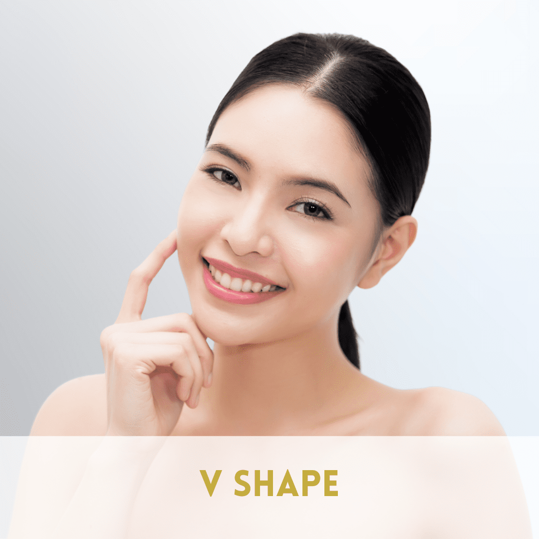 Mobile banner image with text about the V-shape aesthetic and a visual element related to facial contouring or a slimmer jawline.